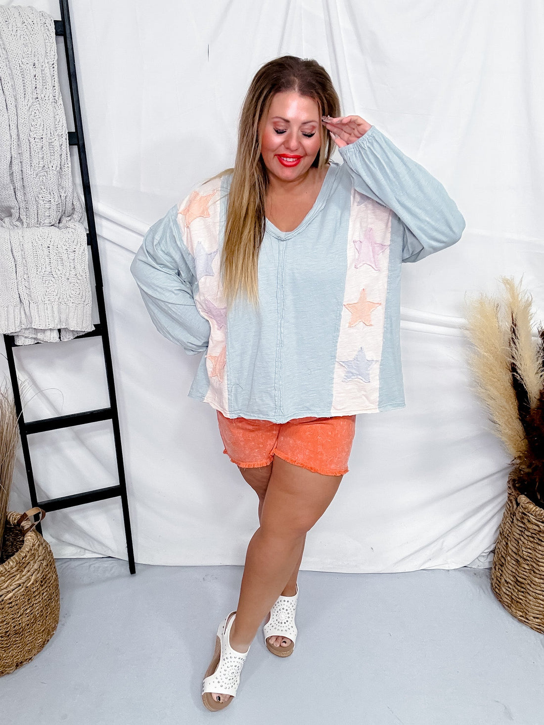 Oversized Long Sleeve Pullover Top With Star Patches - Whiskey Skies - ODDI