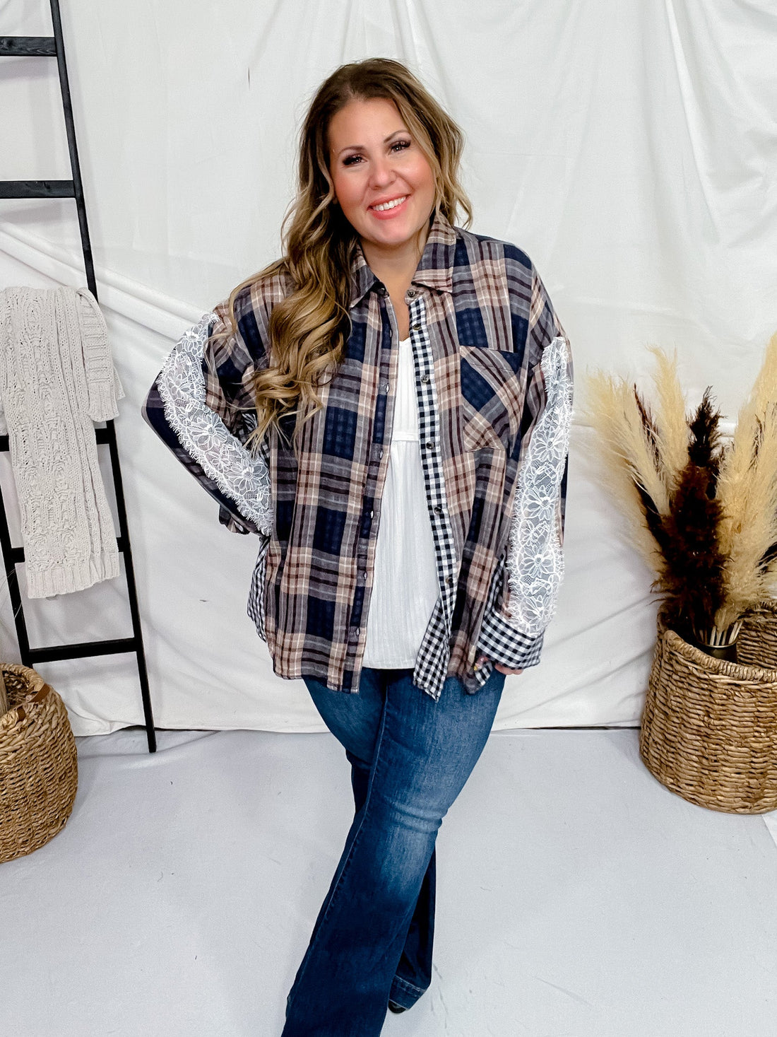 Oversized Navy Plaid Button Down with Lace Detailing - Whiskey Skies - ODDI