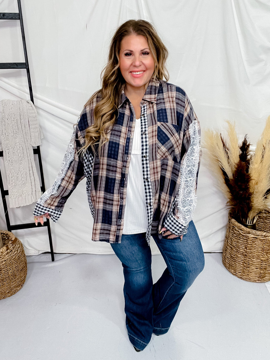 Oversized Navy Plaid Button Down with Lace Detailing - Whiskey Skies - ODDI