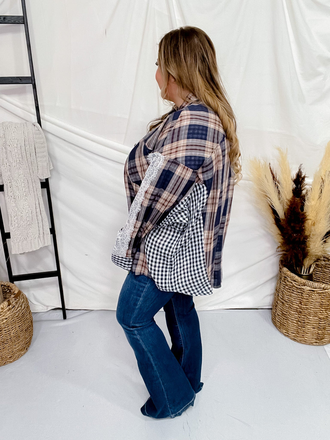 Oversized Navy Plaid Button Down with Lace Detailing - Whiskey Skies - ODDI