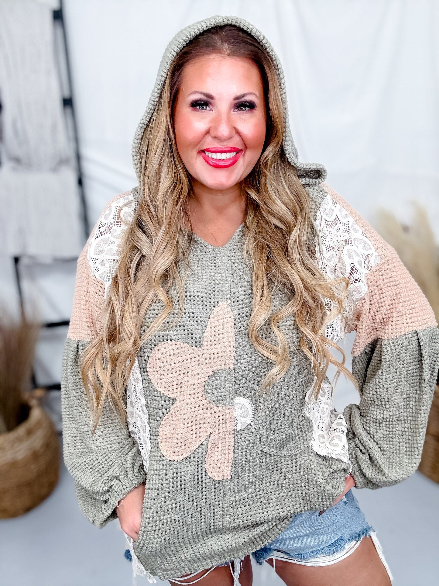 Oversized Olive Knit Hoodie with Flower Patch and Lace Panels - Whiskey Skies - DAVI & DANI