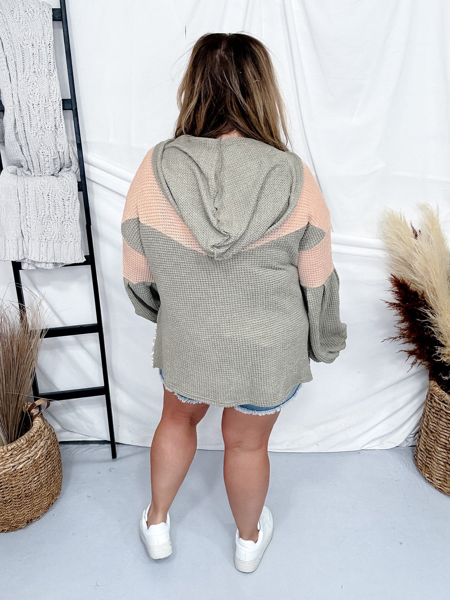 Oversized Olive Knit Hoodie with Flower Patch and Lace Panels - Whiskey Skies - DAVI & DANI