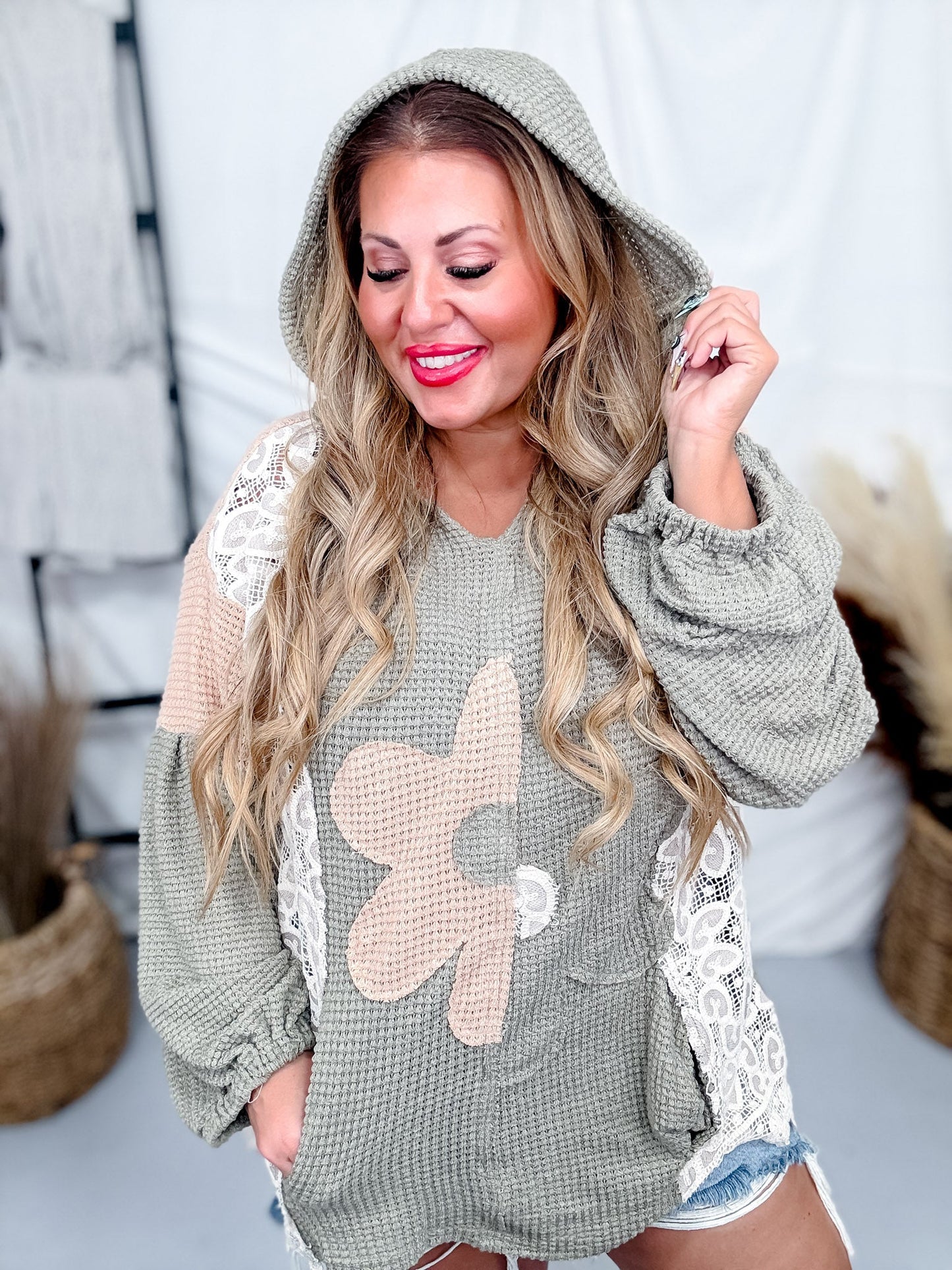 Oversized Olive Knit Hoodie with Flower Patch and Lace Panels - Whiskey Skies - DAVI & DANI