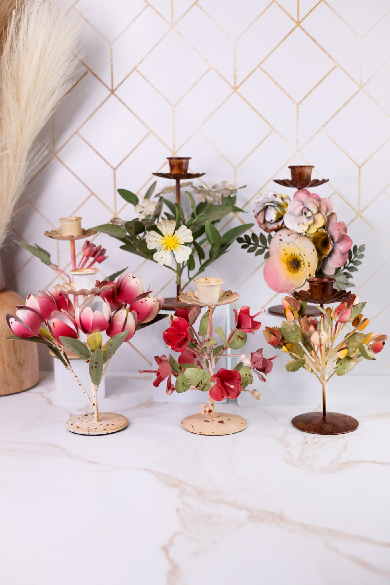 Painted Metal Floral Candle Holders (6 Styles) - Whiskey Skies - 180 DEGREES