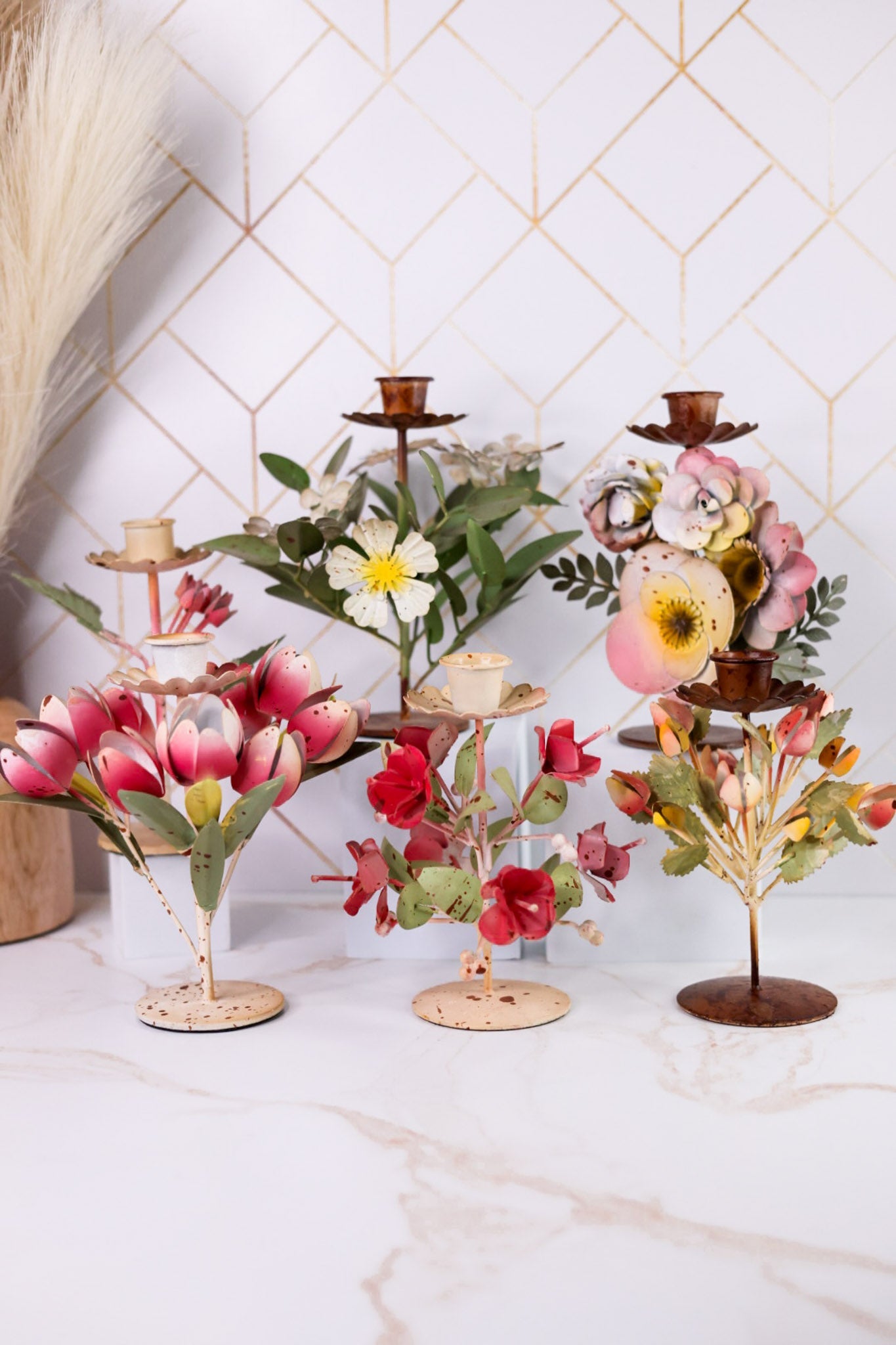 Painted Metal Floral Candle Holders (6 Styles) - Whiskey Skies - 180 DEGREES