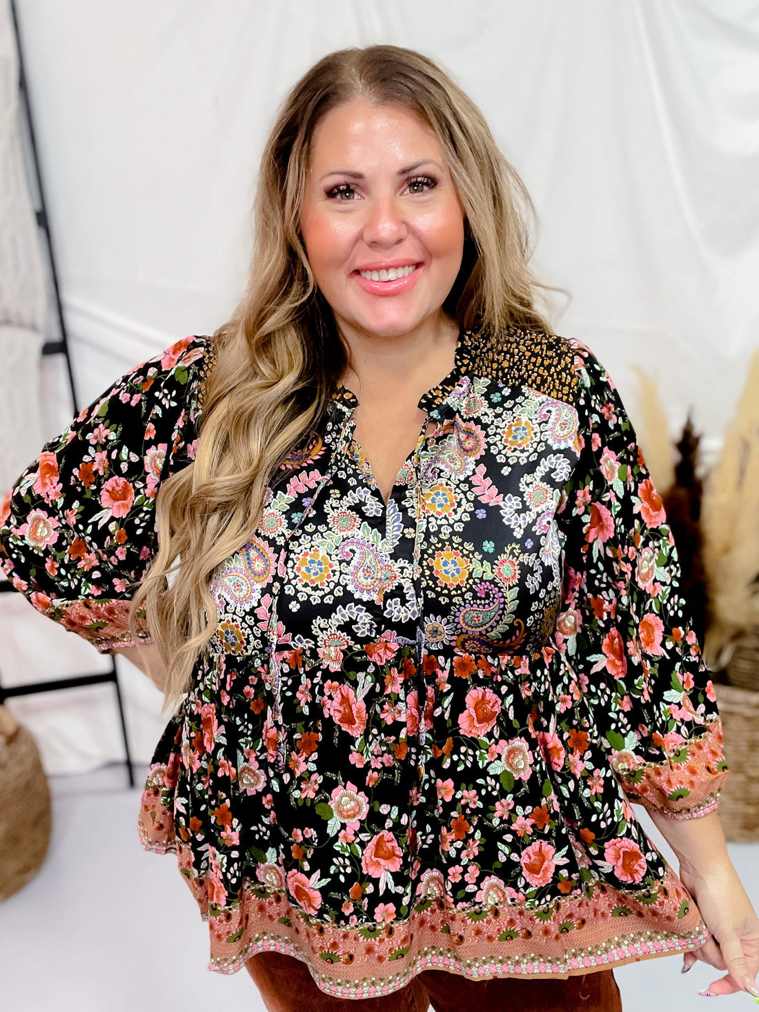 Paisley & Floral Print Split Neck Top - Whiskey Skies - UMGEE