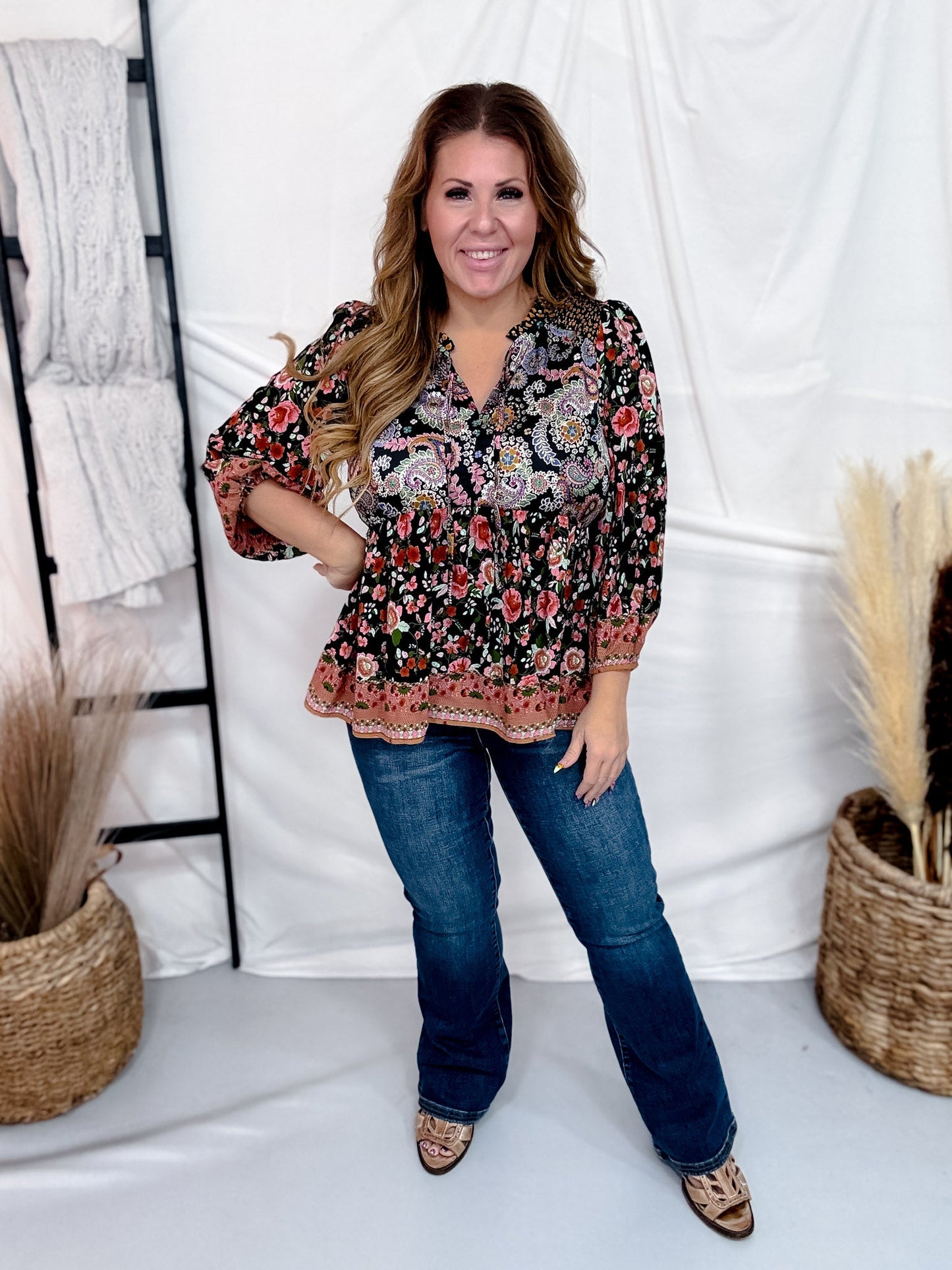 Paisley & Floral Print Split Neck Top - Whiskey Skies - UMGEE