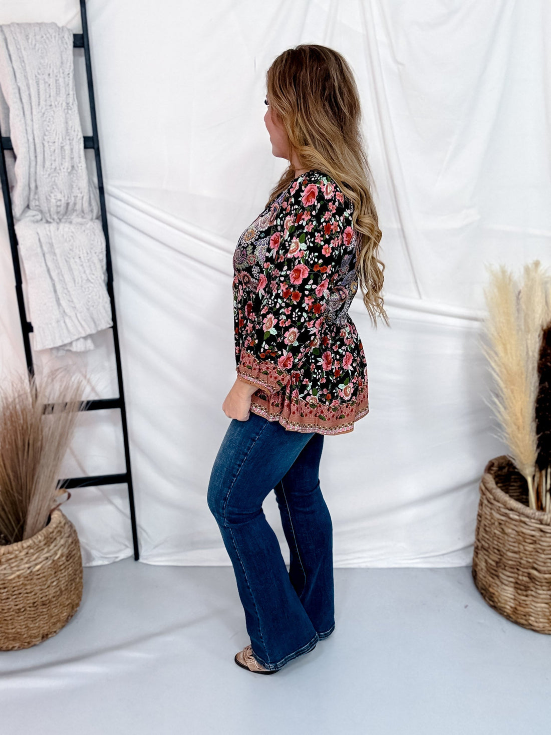 Paisley & Floral Print Split Neck Top - Whiskey Skies - UMGEE