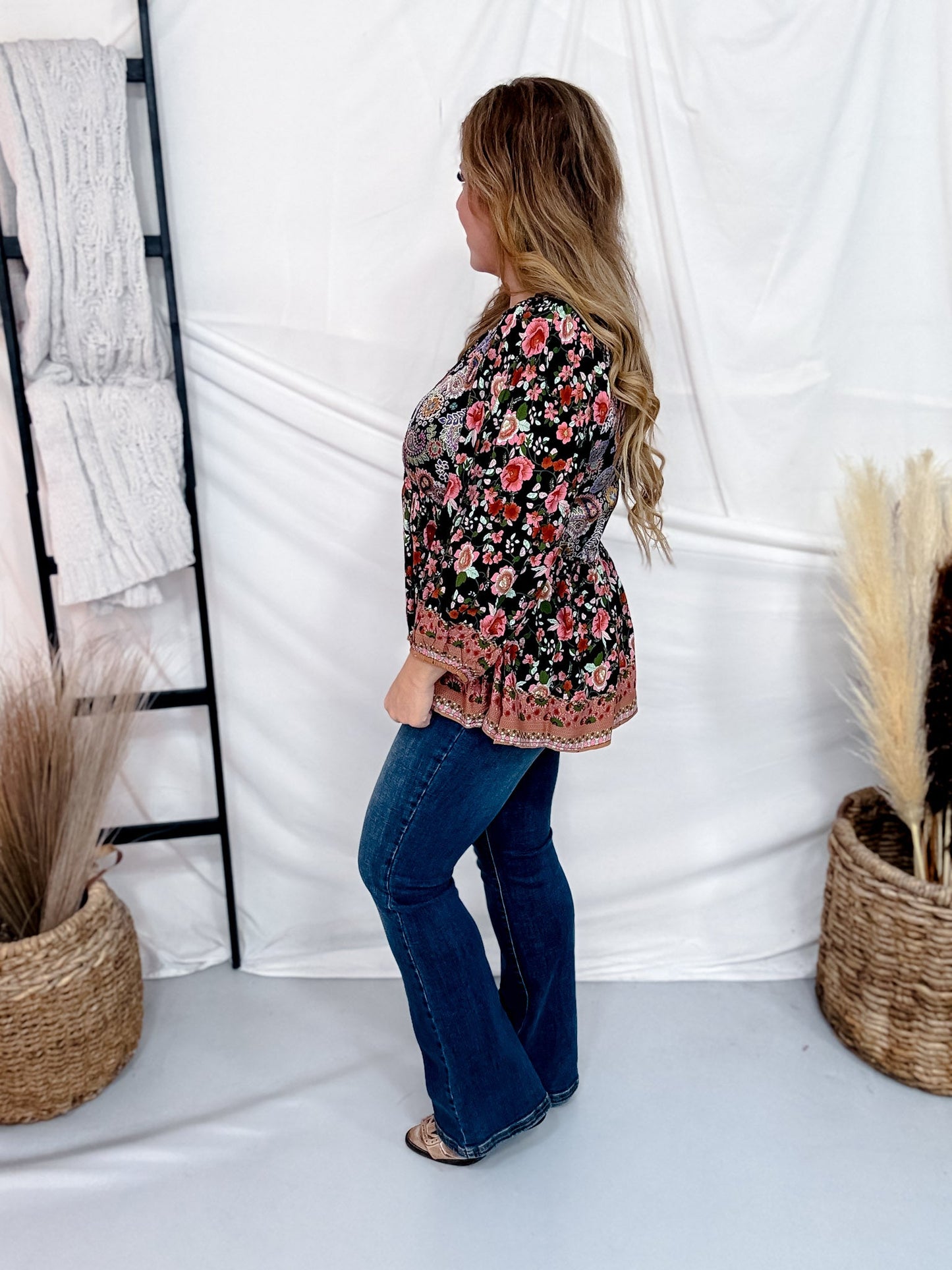Paisley & Floral Print Split Neck Top - Whiskey Skies - UMGEE