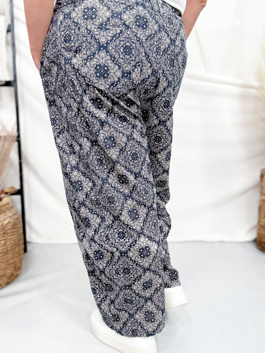 Paisley Print Corduroy Pants With Drawstring Waist - Whiskey Skies - ODDI