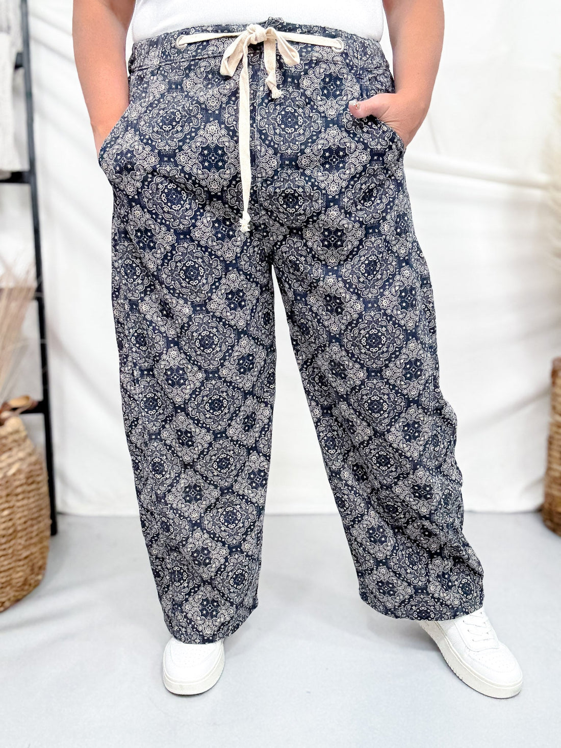 Paisley Print Corduroy Pants With Drawstring Waist - Whiskey Skies - ODDI