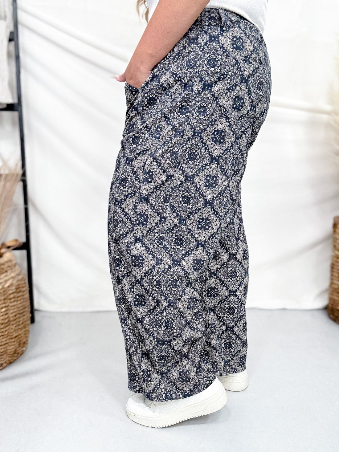 Paisley Print Corduroy Pants With Drawstring Waist - Whiskey Skies - ODDI