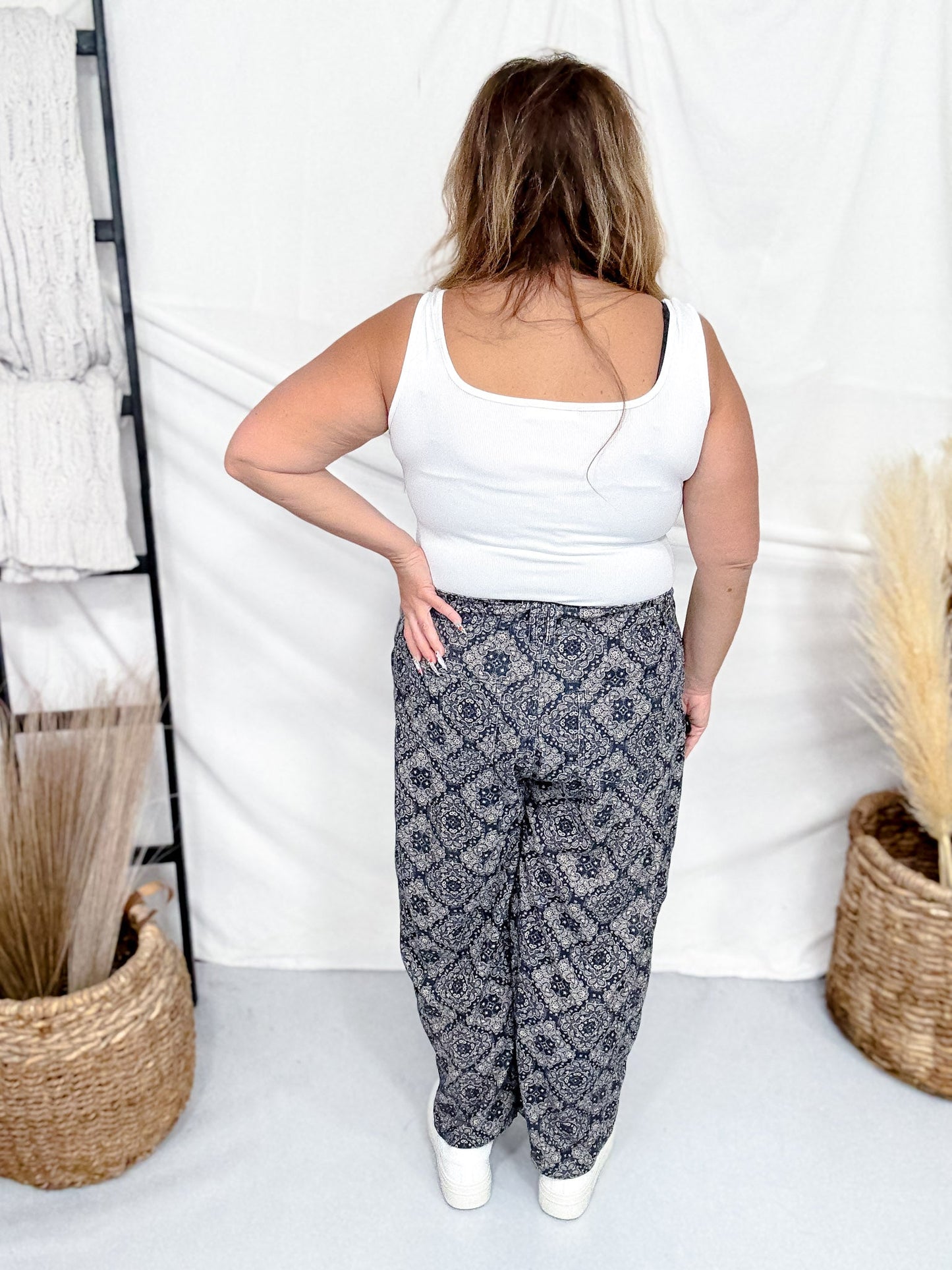 Paisley Print Corduroy Pants With Drawstring Waist - Whiskey Skies - ODDI