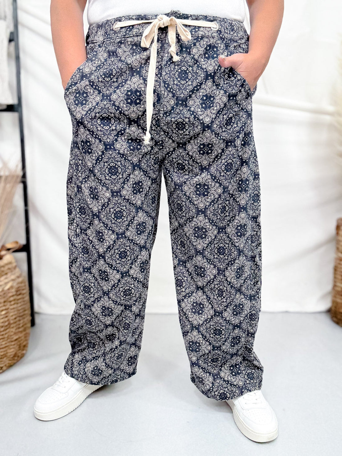 Paisley Print Corduroy Pants With Drawstring Waist - Whiskey Skies - ODDI