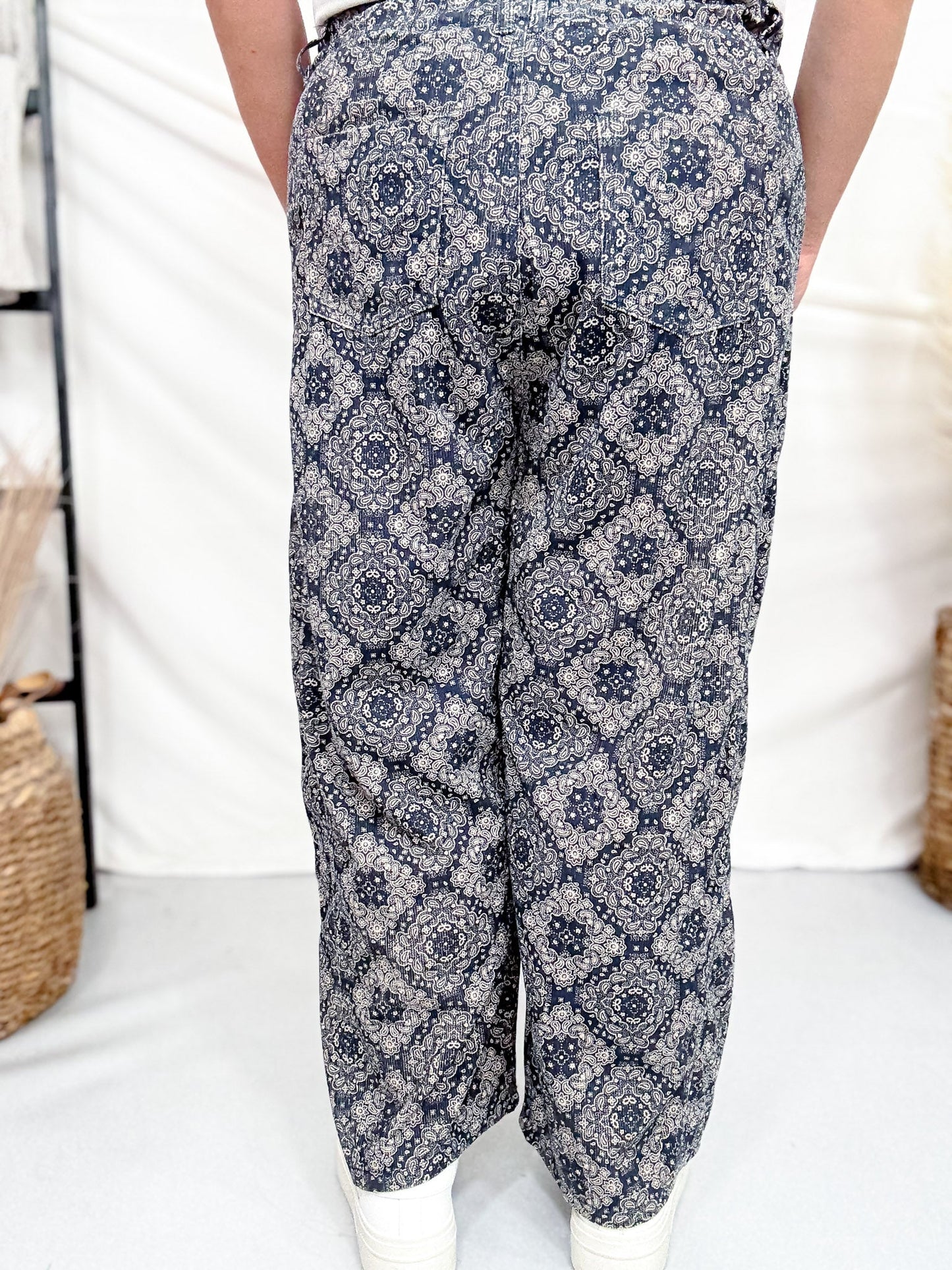 Paisley Print Corduroy Pants With Drawstring Waist - Whiskey Skies - ODDI
