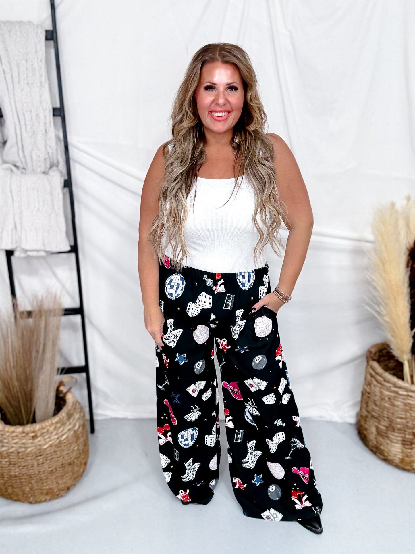 Party Yallternative Collage Satin Wide Leg Pants - Whiskey Skies - JADE BY JANE