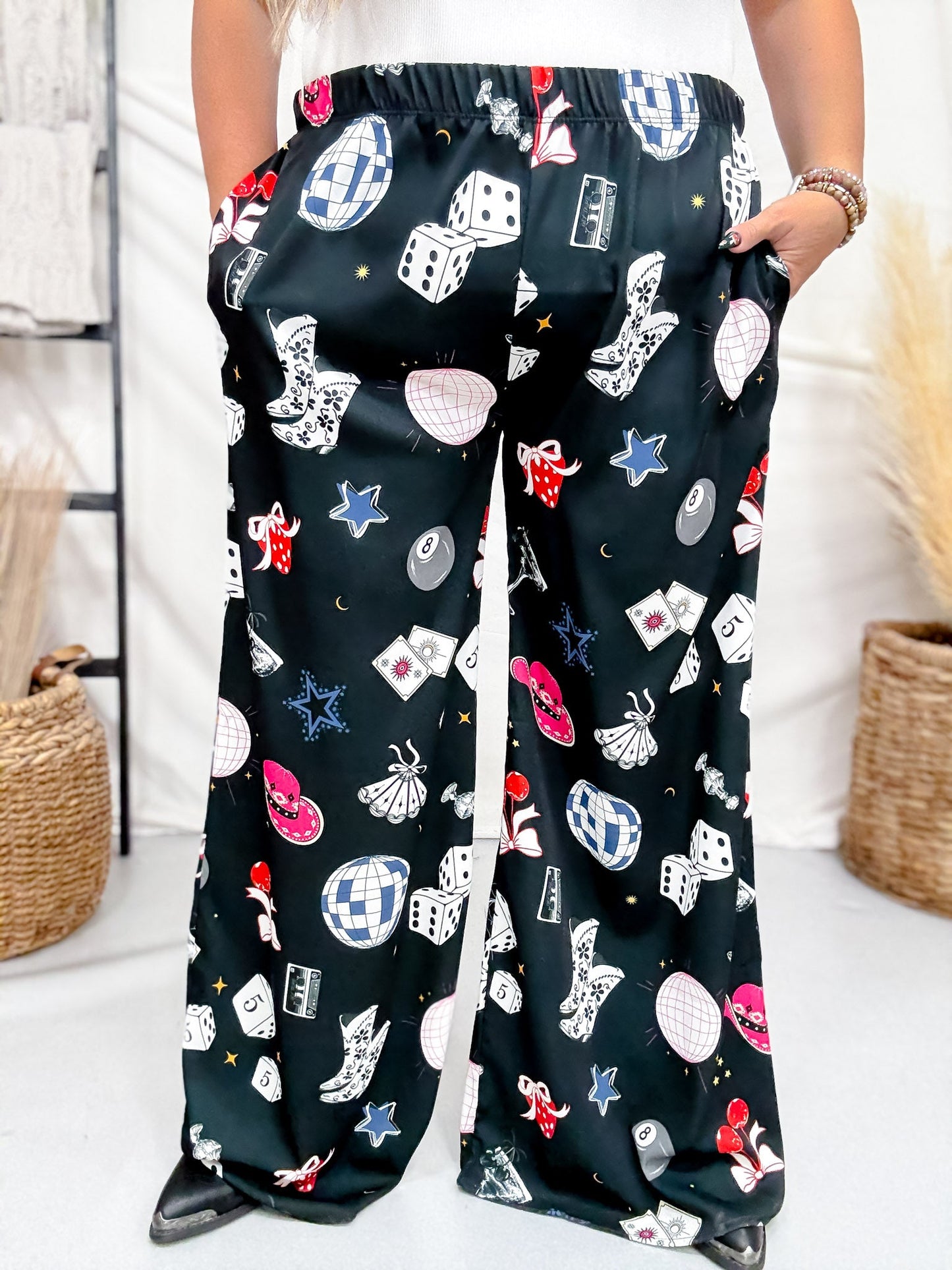 Party Yallternative Collage Satin Wide Leg Pants - Whiskey Skies - JADE BY JANE