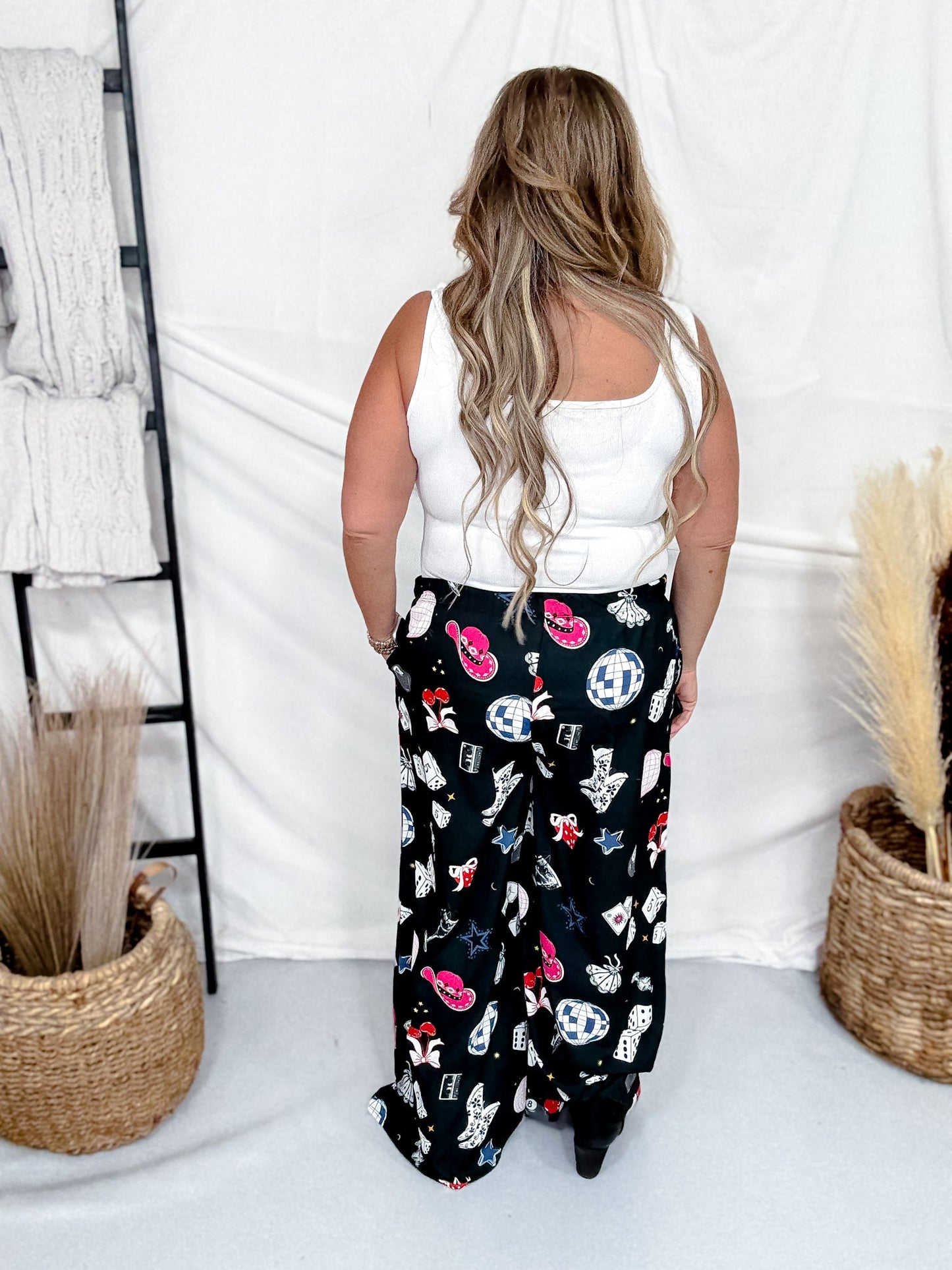 Party Yallternative Collage Satin Wide Leg Pants - Whiskey Skies - JADE BY JANE