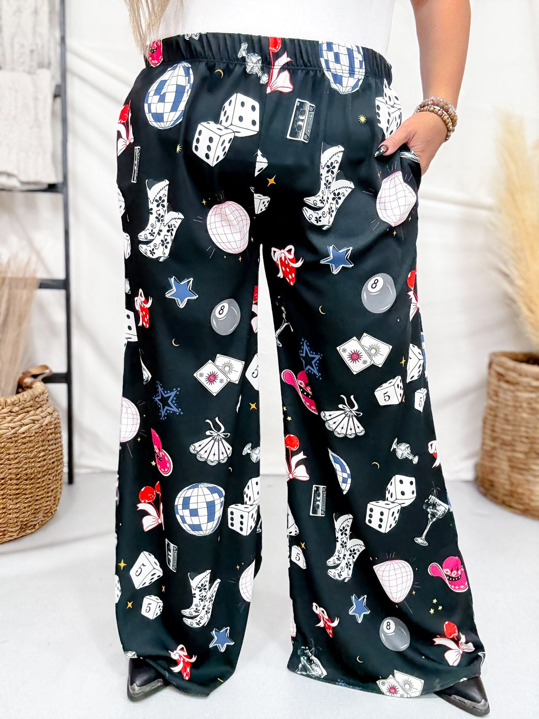Party Yallternative Collage Satin Wide Leg Pants - Whiskey Skies - JADE BY JANE