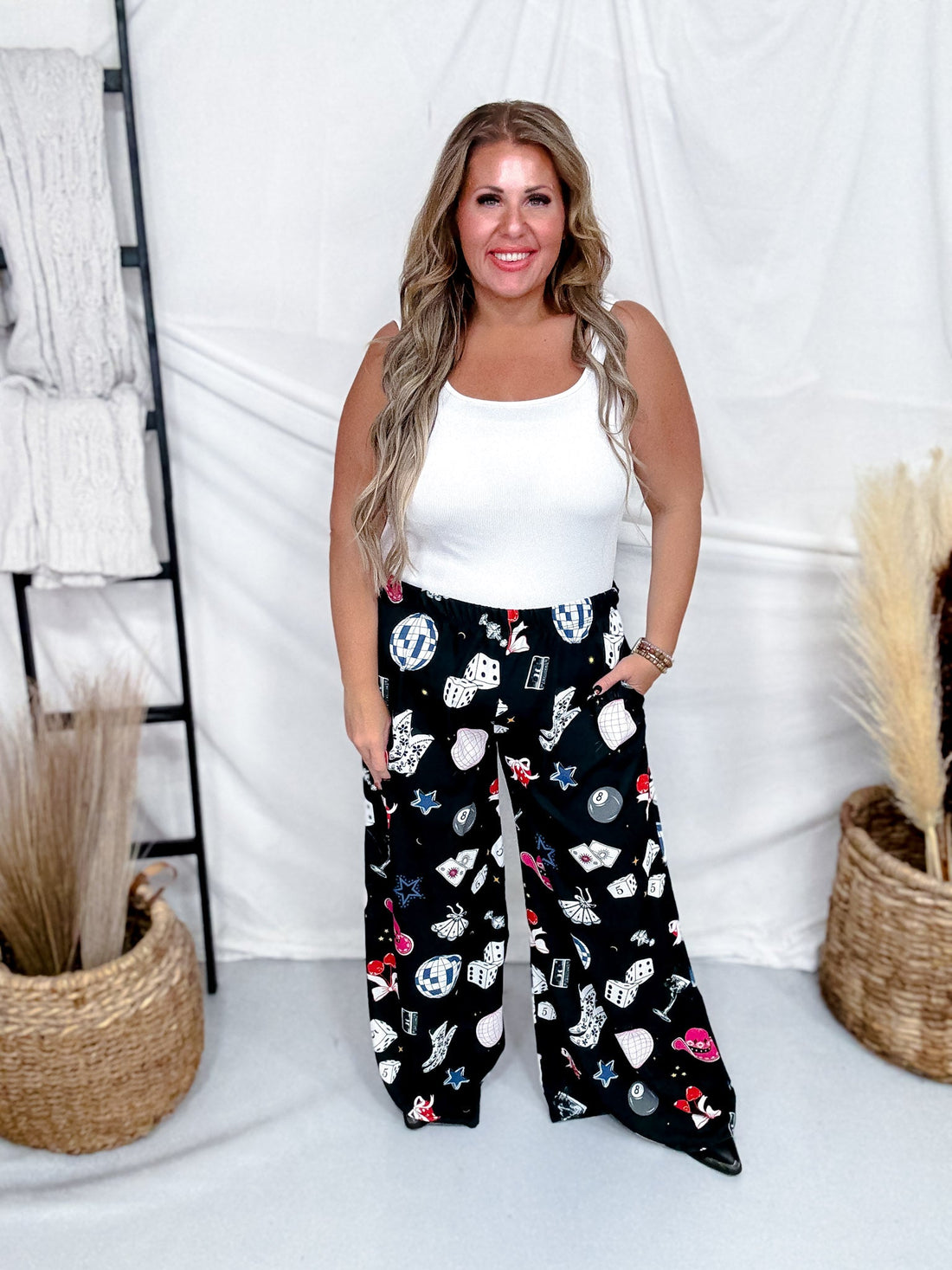 Party Yallternative Collage Satin Wide Leg Pants - Whiskey Skies - JADE BY JANE