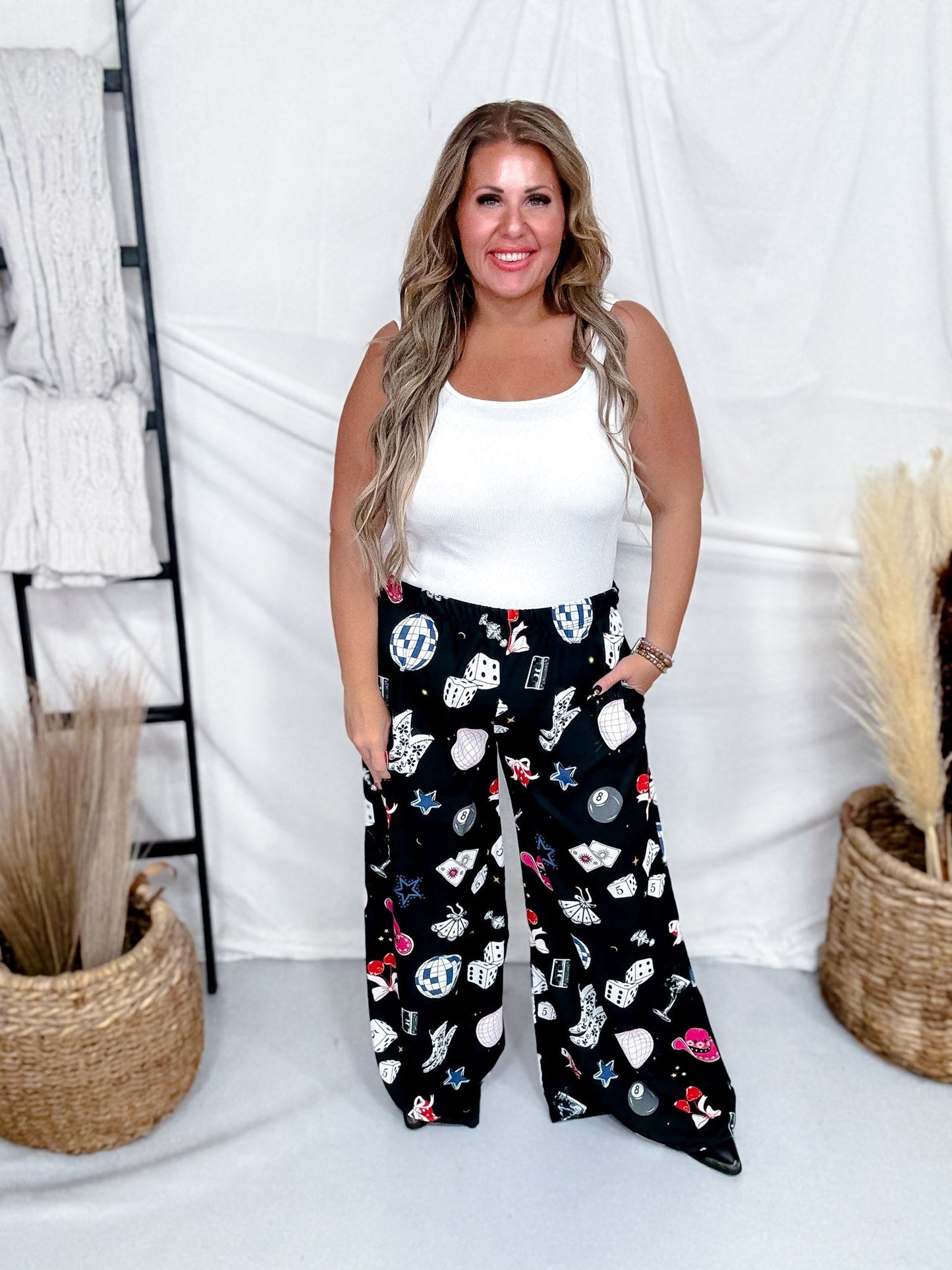 Party Yallternative Collage Satin Wide Leg Pants - Whiskey Skies - JADE BY JANE