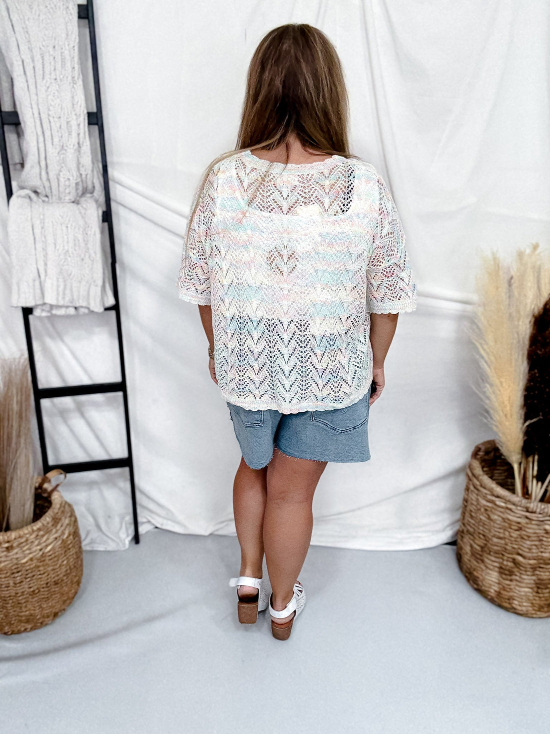 Pastel Rainbow Airy Open Knit Short Sleeve Top - Whiskey Skies - BIBI