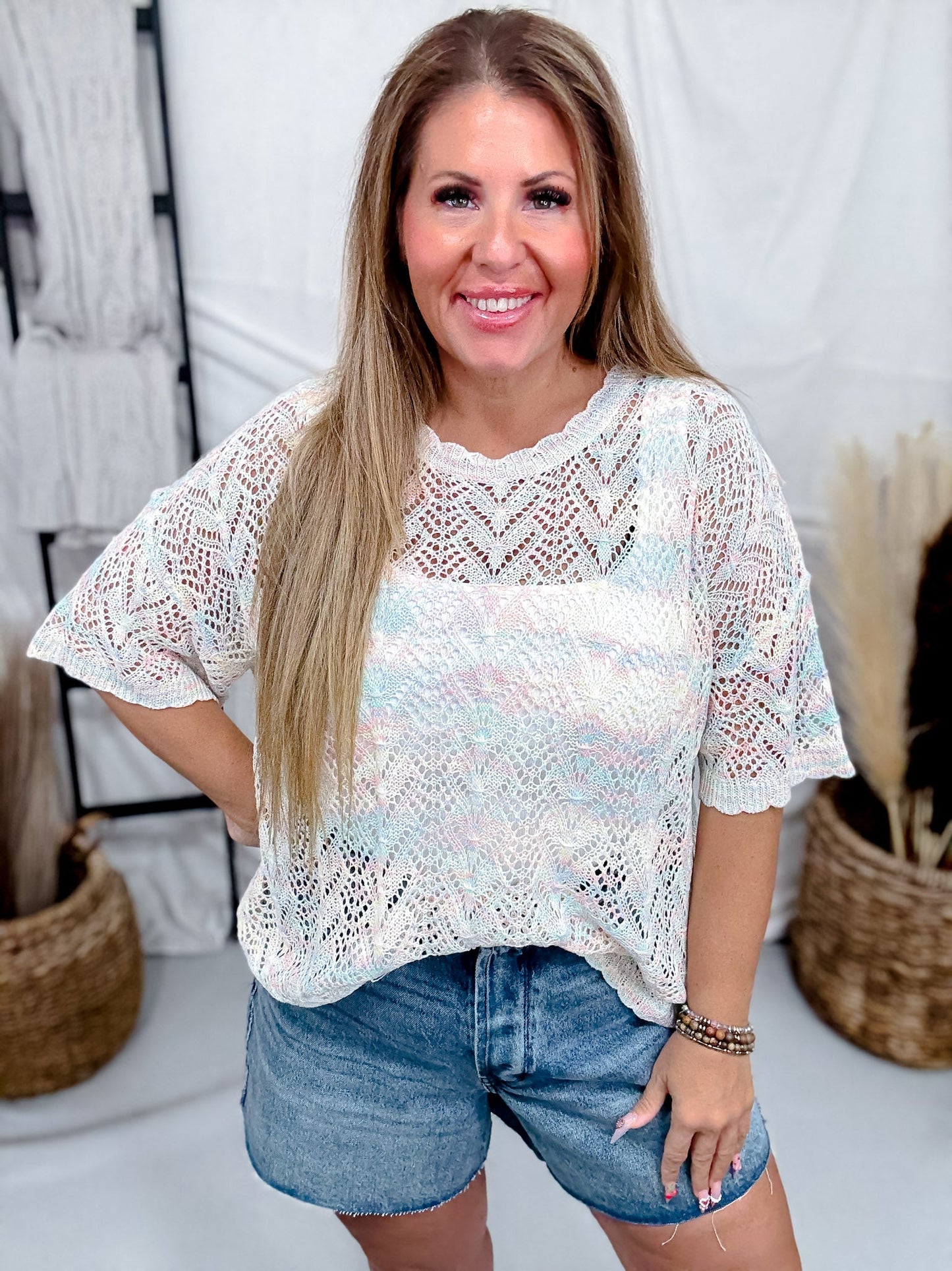 Pastel Rainbow Airy Open Knit Short Sleeve Top - Whiskey Skies - BIBI
