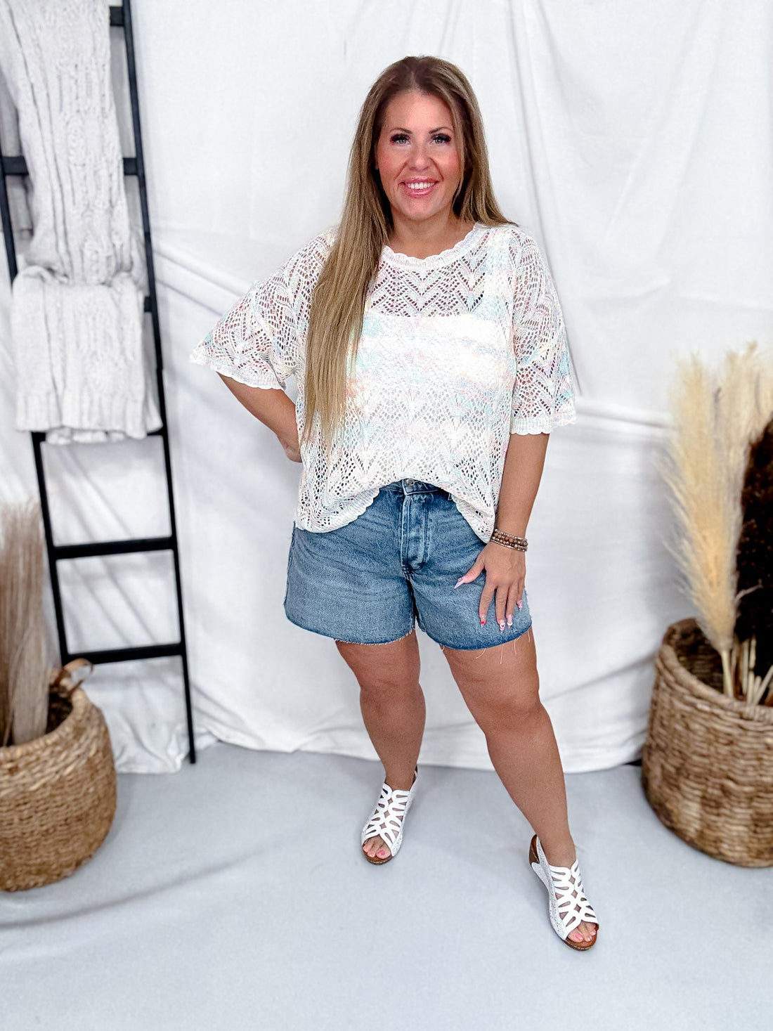 Pastel Rainbow Airy Open Knit Short Sleeve Top - Whiskey Skies - BIBI