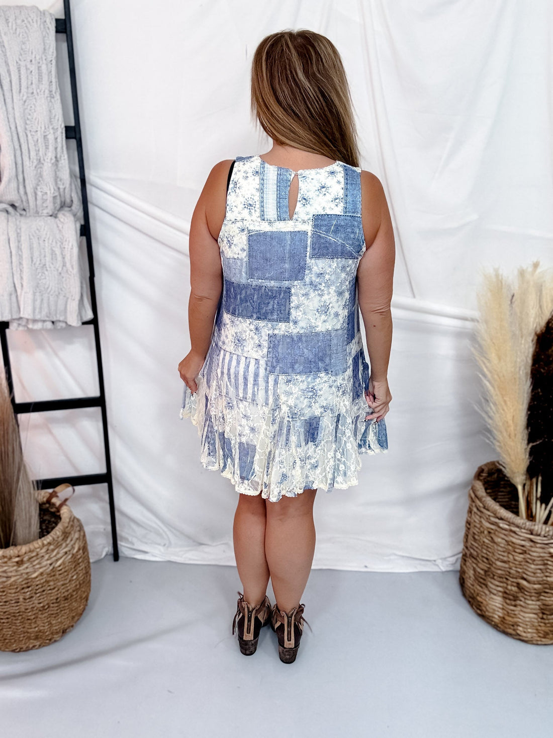 Patchwork Denim Print Sleeveless Dress With Lace Overlay - Whiskey Skies - ORIGAMI APPAREL