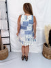 Patchwork Denim Print Sleeveless Dress With Lace Overlay - Whiskey Skies - ORIGAMI APPAREL