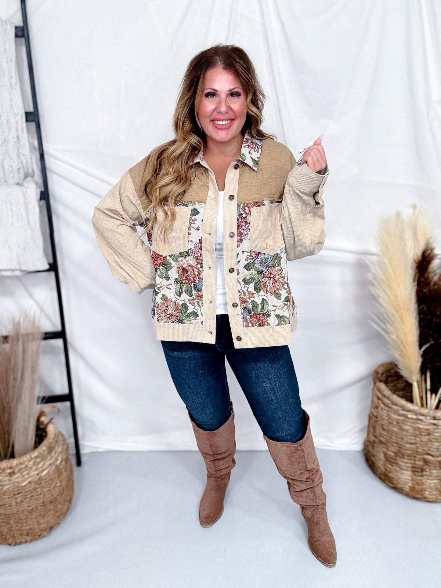 Patchwork Jacket With Floral Tapestry Panels - Whiskey Skies - ODDI