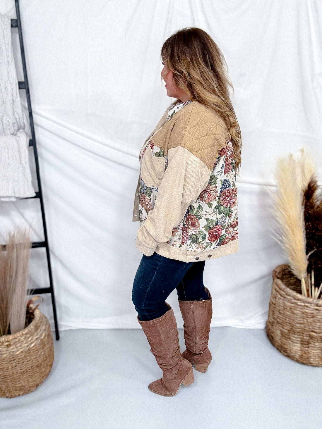 Patchwork Jacket With Floral Tapestry Panels - Whiskey Skies - ODDI