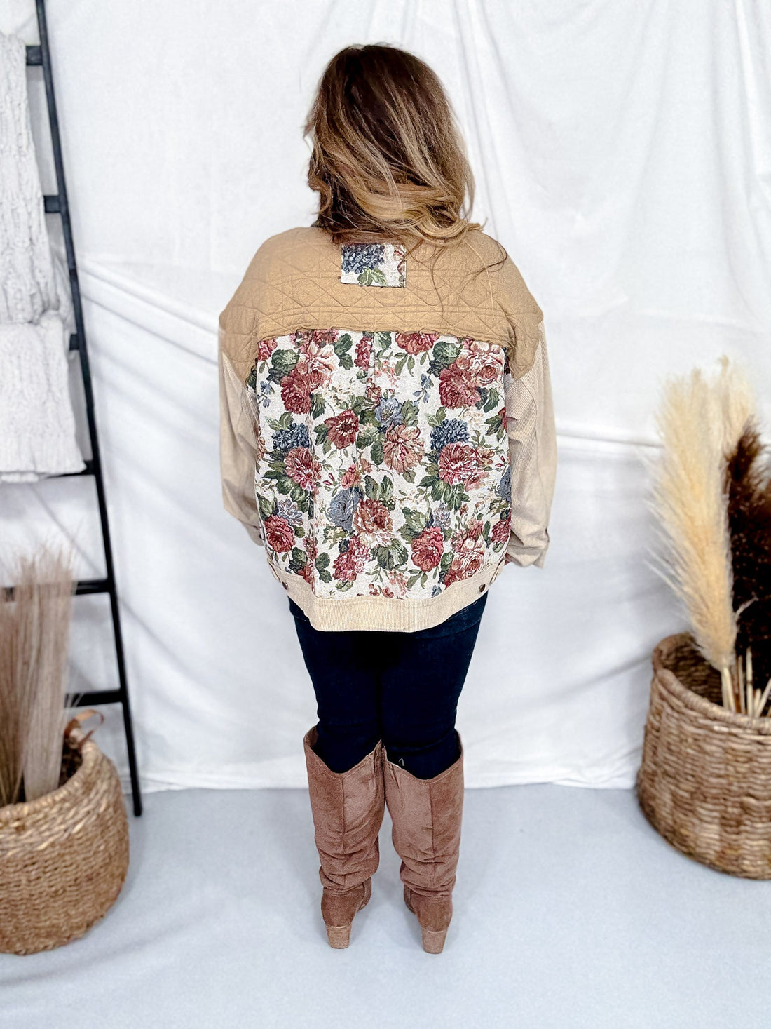 Patchwork Jacket With Floral Tapestry Panels - Whiskey Skies - ODDI