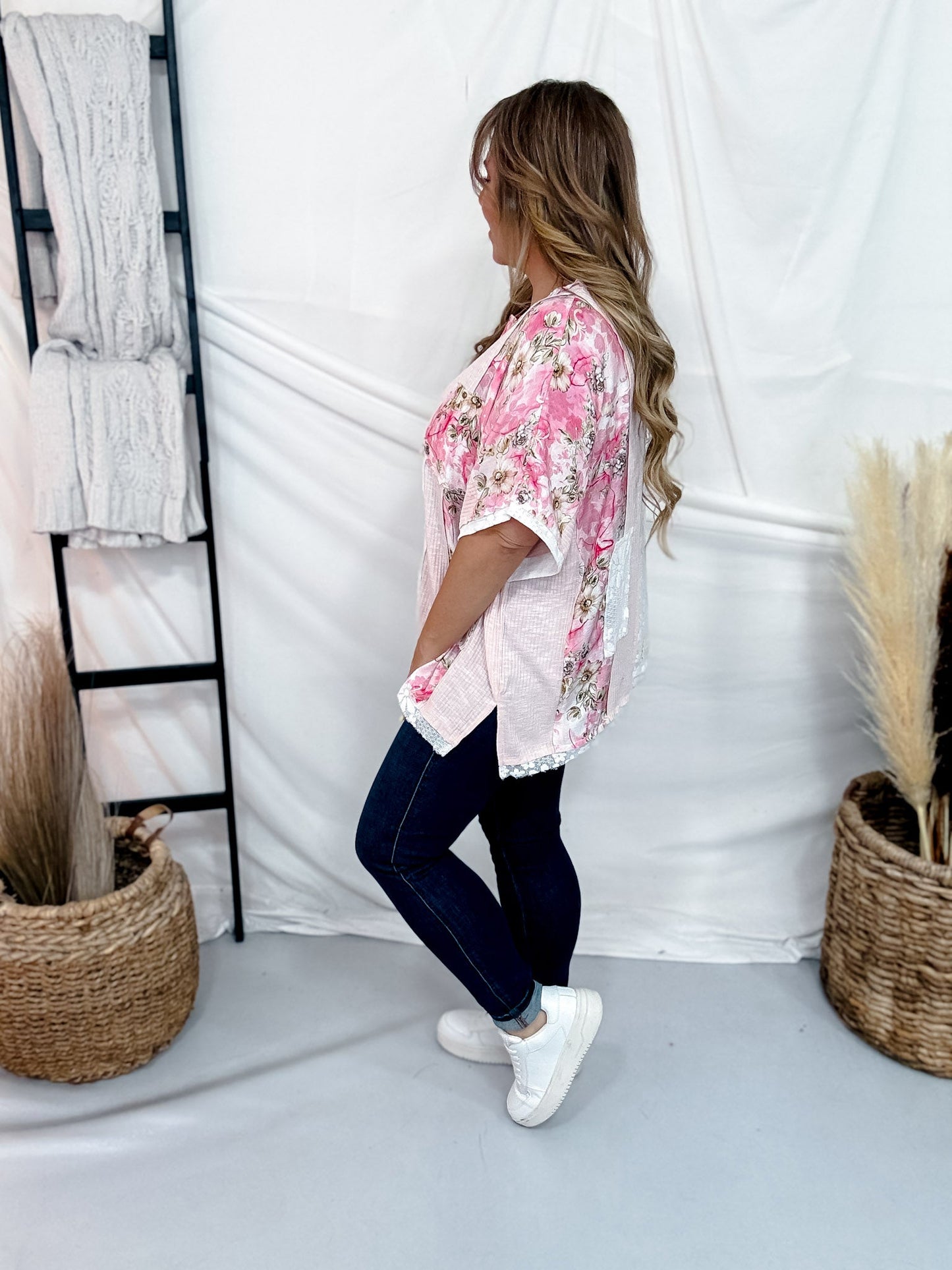 Patchwork Lace & Floral Short Sleeve Top - Whiskey Skies - POL CLOTHING INC.