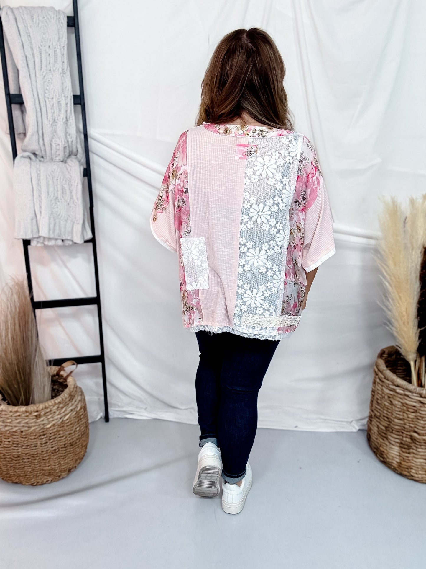 Patchwork Lace & Floral Short Sleeve Top - Whiskey Skies - POL CLOTHING INC.