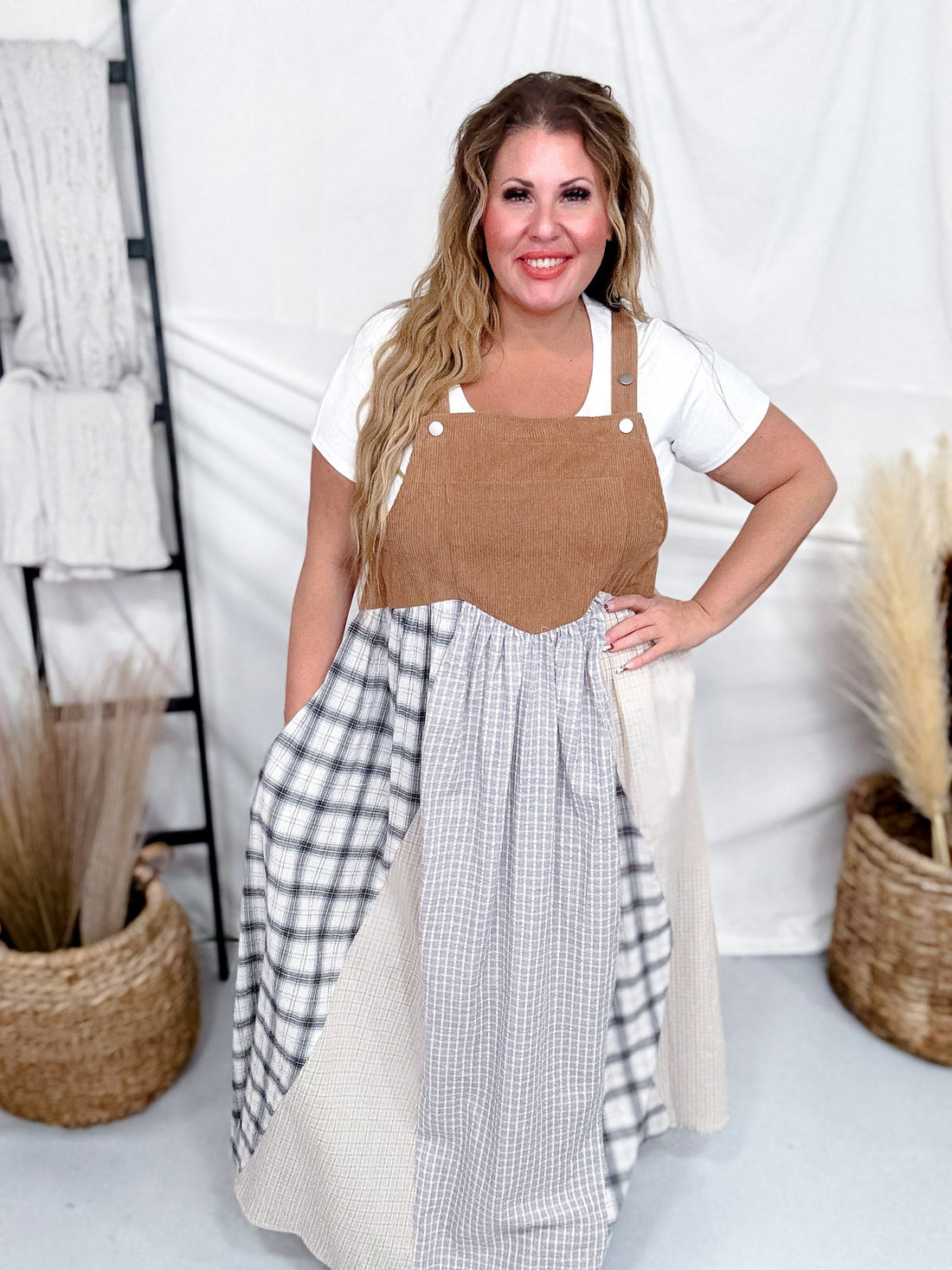 Patchwork Plaid Overall Maxi Dress With Corduroy Top - Whiskey Skies - ODDI