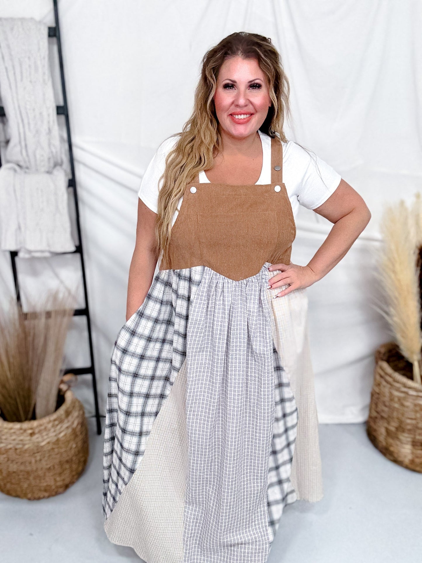 Patchwork Plaid Overall Maxi Dress With Corduroy Top - Whiskey Skies - ODDI