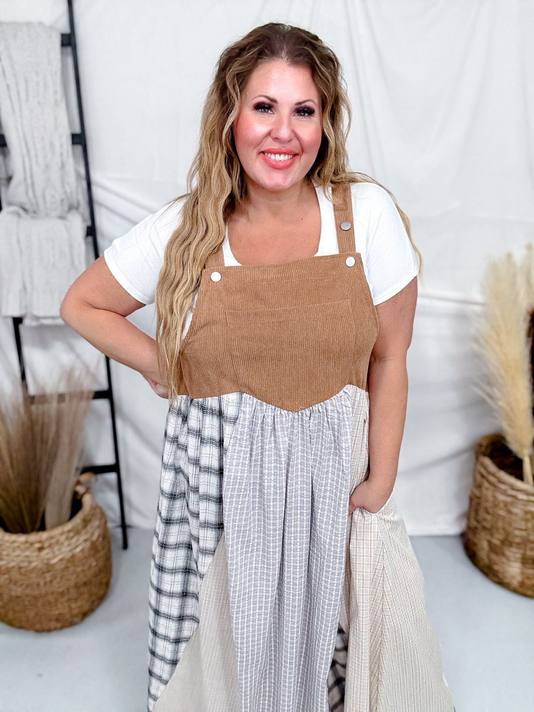 Patchwork Plaid Overall Maxi Dress With Corduroy Top - Whiskey Skies - ODDI