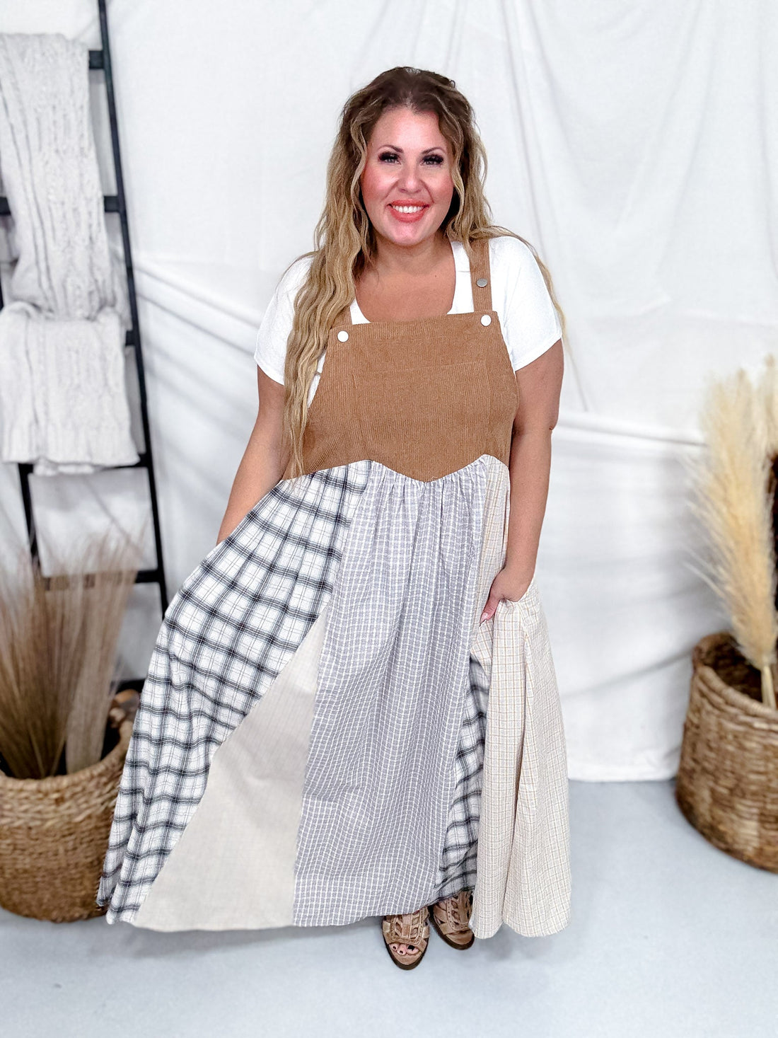 Patchwork Plaid Overall Maxi Dress With Corduroy Top - Whiskey Skies - ODDI
