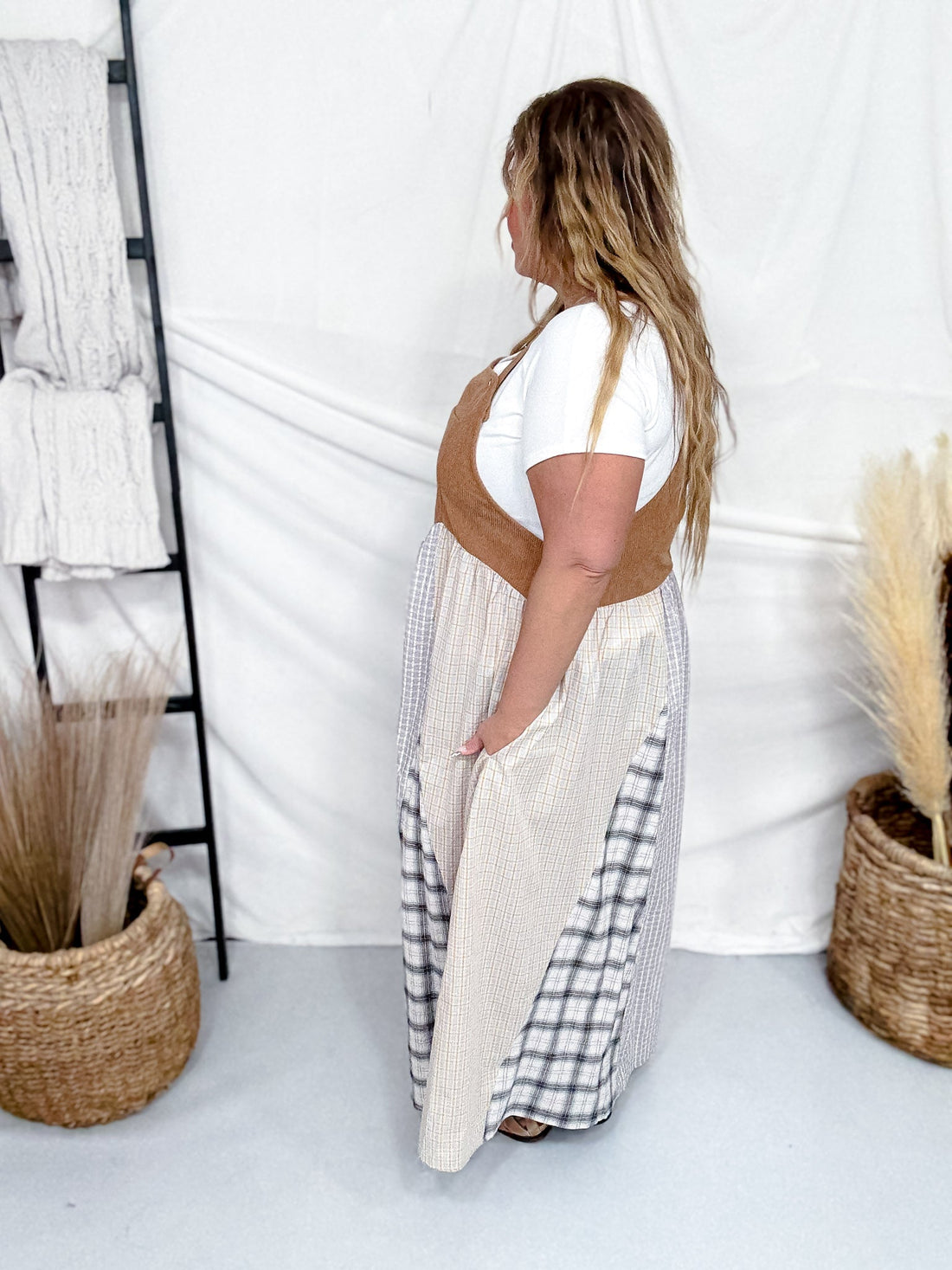 Patchwork Plaid Overall Maxi Dress With Corduroy Top - Whiskey Skies - ODDI