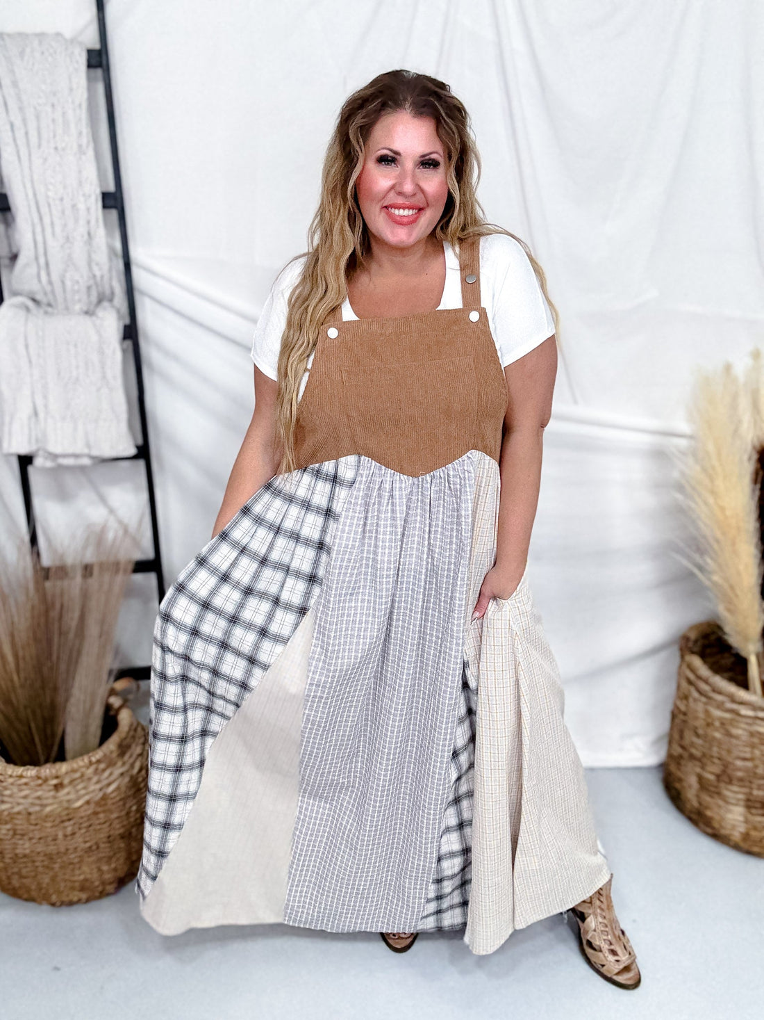 Patchwork Plaid Overall Maxi Dress With Corduroy Top - Whiskey Skies - ODDI