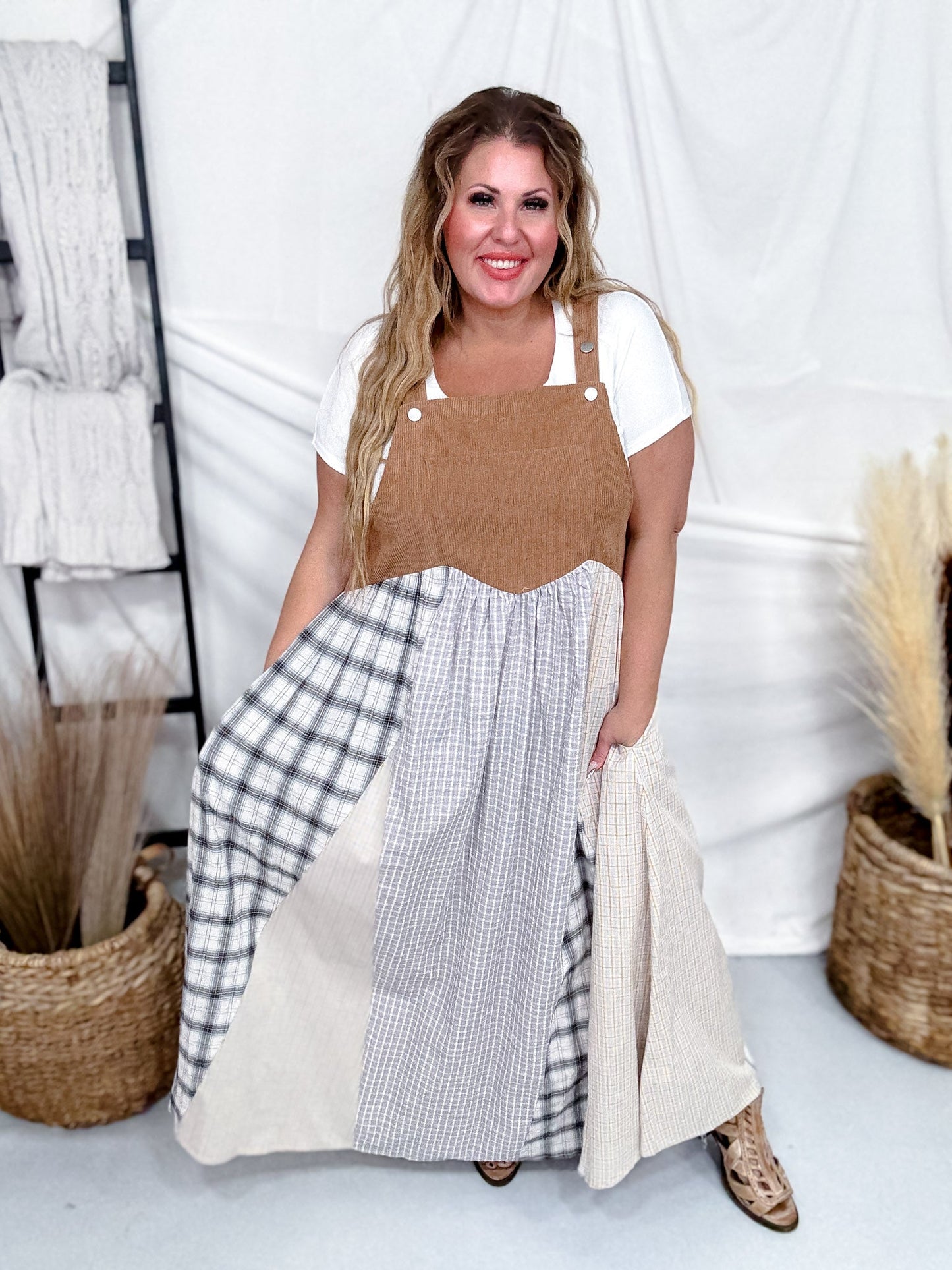Patchwork Plaid Overall Maxi Dress With Corduroy Top - Whiskey Skies - ODDI