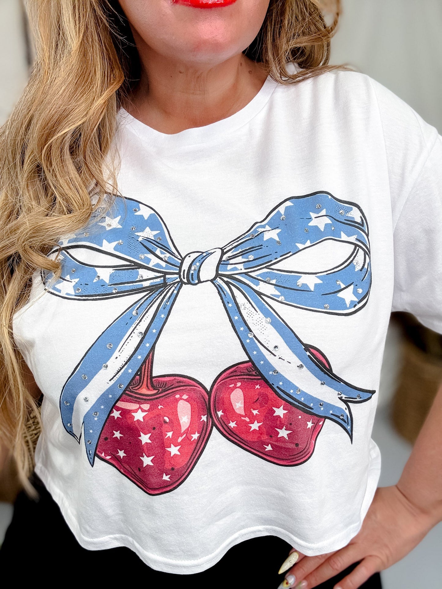 Patriotic Cherry Bow Graphic Midi Top - Whiskey Skies - SUGAR STITCH