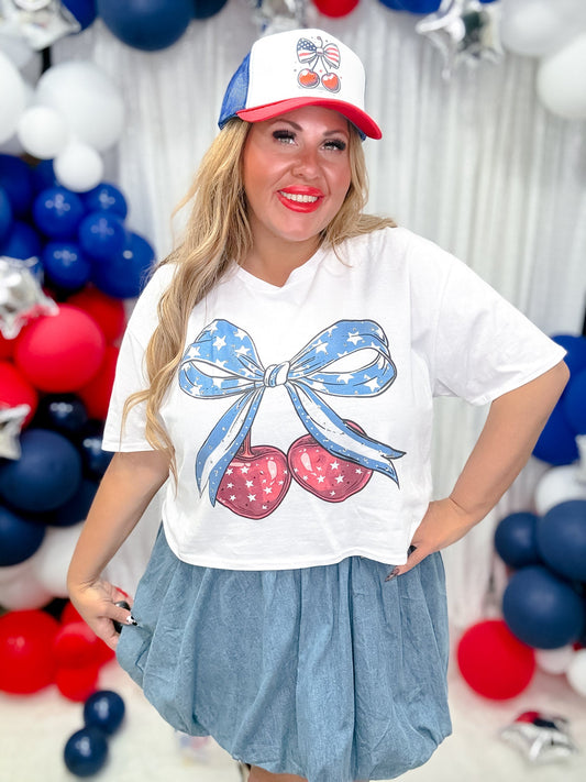 Patriotic Cherry Bow Graphic Midi Top - Whiskey Skies - SUGAR STITCH