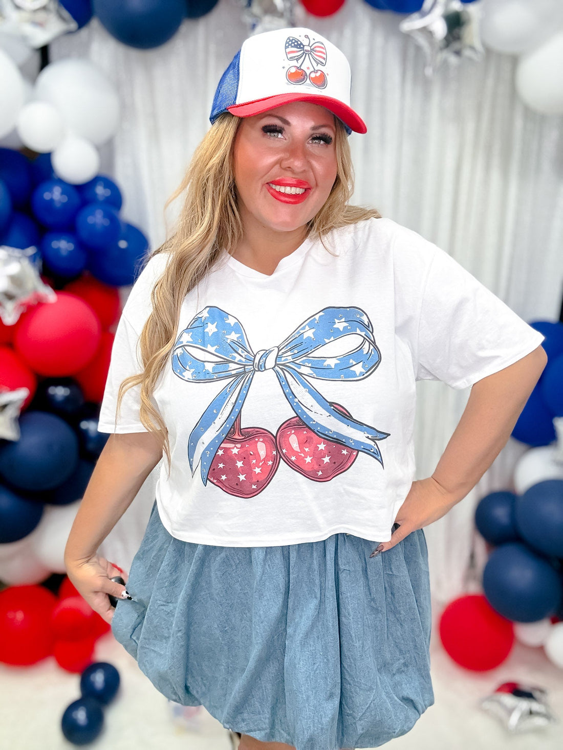Patriotic Cherry Bow Graphic Midi Top - Whiskey Skies - SUGAR STITCH