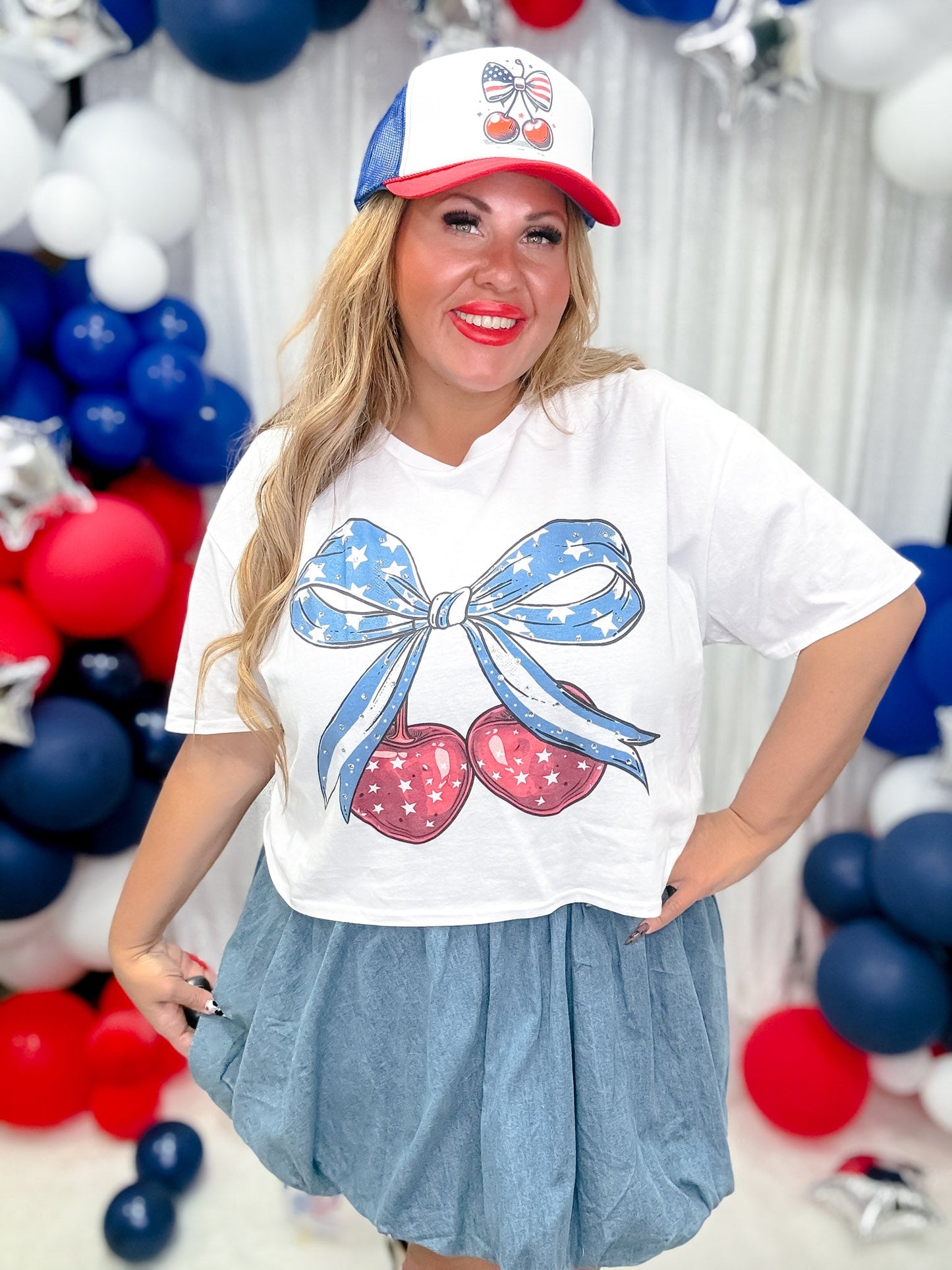 Patriotic Cherry Bow Graphic Midi Top - Whiskey Skies - SUGAR STITCH