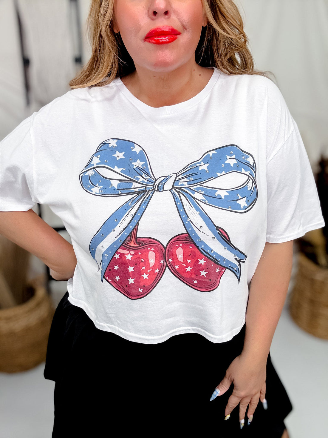 Patriotic Cherry Bow Graphic Midi Top - Whiskey Skies - SUGAR STITCH