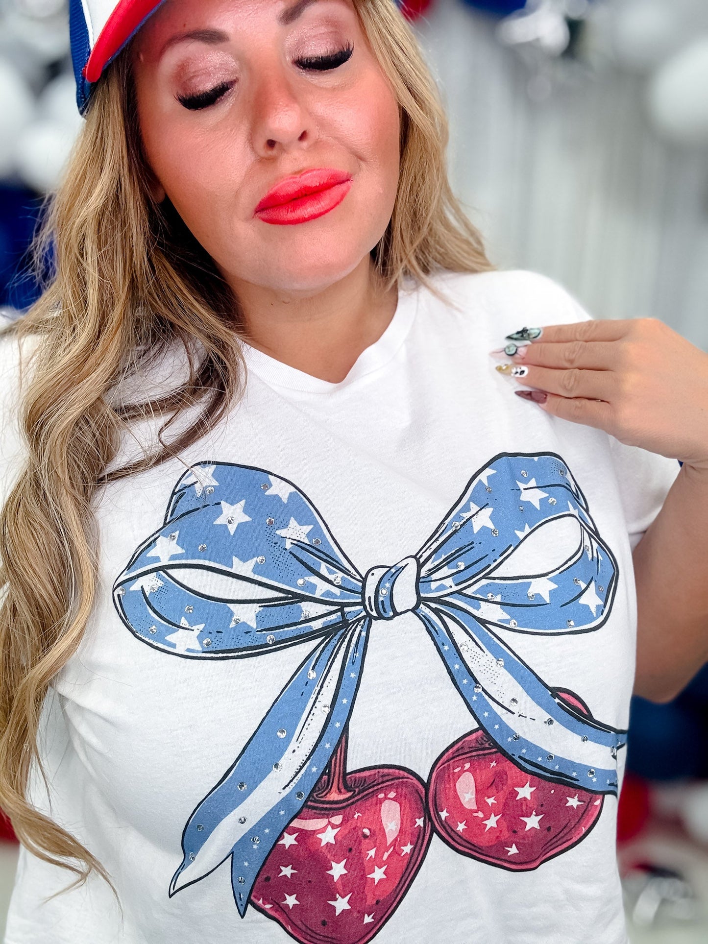 Patriotic Cherry Bow Graphic Midi Top - Whiskey Skies - SUGAR STITCH