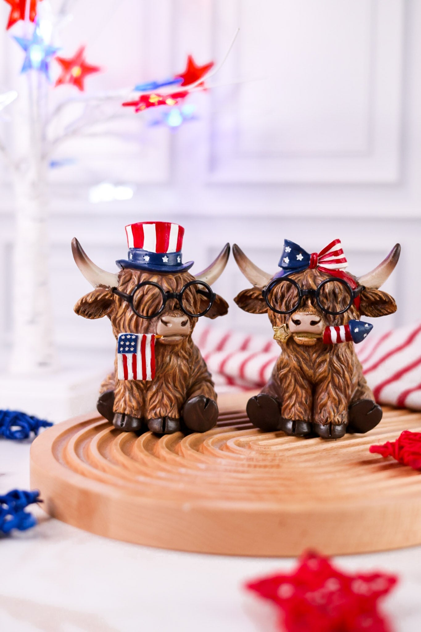 Patriotic Highland Cows With Glasses Resin Tabletop Sitter (2 Styles) - Whiskey Skies - GERSON COMPANIES