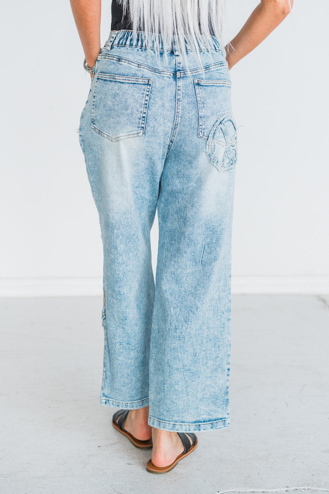 Peace Sign Patch Light Wash Straight Denim Jeans - Whiskey Skies - DAVI & DANI